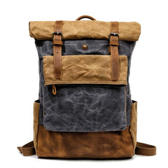 Cool Waxed Canvas Leather Mens Black 15'' Large Waterproof Travel Backpacks Computer Hiking Backpack for Men - imessengerbags