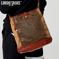 Canvas Leather Mens Distressed Brown Vertical Side Bag Messenger Bag Canvas Courier Bag for Men