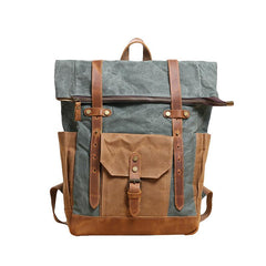 Waxed Canvas Leather Mens 17‘’ Lake Green Backpack Khaki Travel Backpack Dark Gray Hiking Backpack for Men - imessengerbags