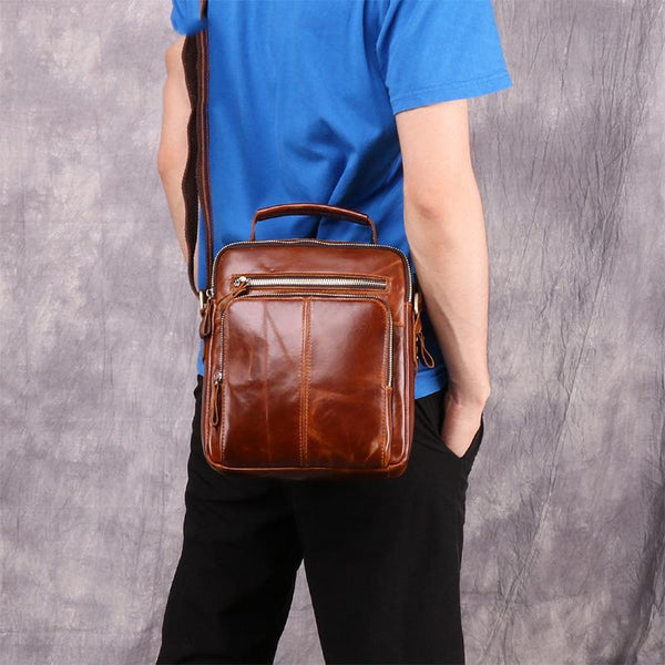 Cool Brown Leather Men's Small Vertical Side Bag Blue Vertical Messenger Bag For Men - imessengerbags