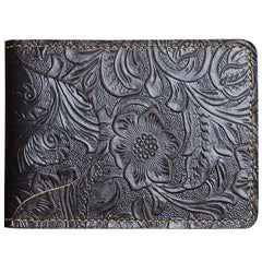 Handmade Leather Floral Mens License Wallets Cool Short Wallet Card Holder Small Card Slim Wallets for Men