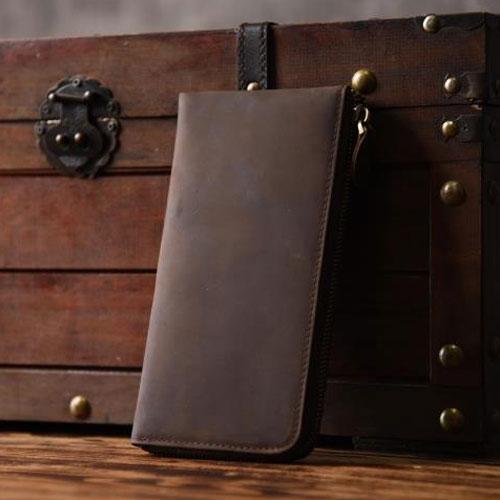 Handmade Leather Mens Cool Long Leather Wallet Zipper Clutch Wallet for Men - imessengerbags