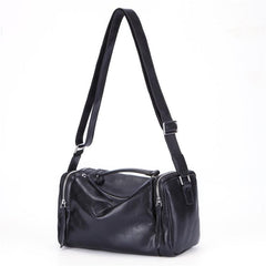 Fashion Black Leather Men's Small Barrel Side Bag Travel Bag Small Black Overnight Bag For Men - imessengerbags