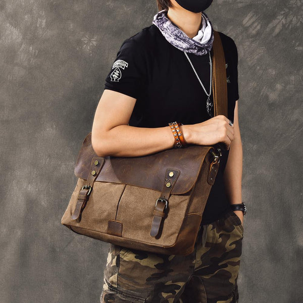 Canvas Leather Mens Womens Green Briefcase Side Bag Brown Messenger Bag Shoulder Bag For Men - imessengerbags