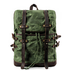 Cool Waxed Canvas Leather Mens Black 15.6‘’ Large Hiking Backpack Green Travel Backpack for Men - imessengerbags