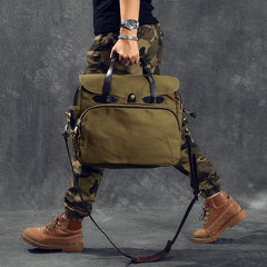 Canvas Leather Mens Khaki Briefcase 15'' Side Bag Messenger Bag Shoulder Bag For Men - imessengerbags