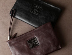 Genuine Leather Mens Clutch Cool Slim Wallet Zipper Clutch Wristlet Bag Wallet for Men Women
