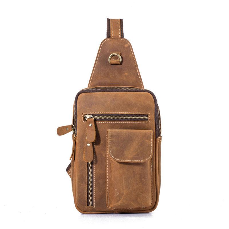 Retro Brown Leather Chest Bag Sling Bag Crossbody Sling Bag Hiking Sling Bag For Men