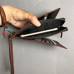 Genuine Leather Mens Cool Long Leather Wallet Cards Phone Zipper Clutch Wristlet Wallet for Men - imessengerbags