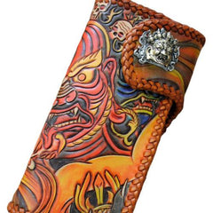 Handmade Mens Tooled God Mahakala Leather Chain Wallet Biker Trucker Wallet with Chain