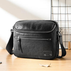 Casual Black Leather Mens 10 inches Postman Bag Black Courier Bag Messenger Bags Side Bag for Men