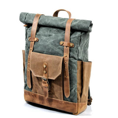 Cool Canvas Leather Mens Large Waterproof Travel Backpack Green Computer Hiking Backpack for Men