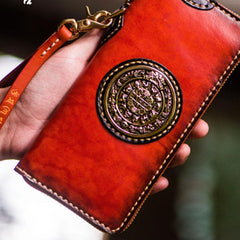 Handmade Leather Tibetan Mens Chain Biker Wallet Cool Leather Wallet Long Clutch Wallets for Men