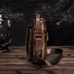 Dark Brown Leather Small Zipper Messenger Bag Vertical Side Bag Brown Courier Bag For Men