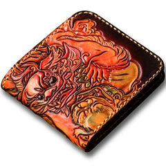 Handmade Leather Chinese Lion Tooled Mens billfold Wallet Cool Leather Wallet Slim Wallet for Men - imessengerbags