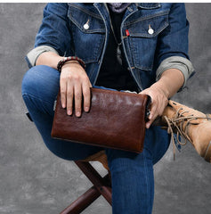 Black Leather Mens Brown Business Long Wallet Clutch Bag Wristlet Wallet For Men - imessengerbags