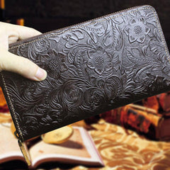 Handmade Leather Floral Mens Cool Travel Long Wallet Card Holder Card Slim Clutch Wallets for Men - imessengerbags