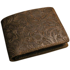 Handmade Leather Floral Mens Cool Slim Leather Wallet Men billfold Wallets Bifold for Men - imessengerbags