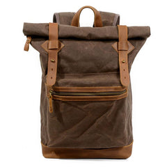 Green Waxed Canvas Leather Mens Cool Backpack Canvas Travel Backpack Canvas School Backpack for Men