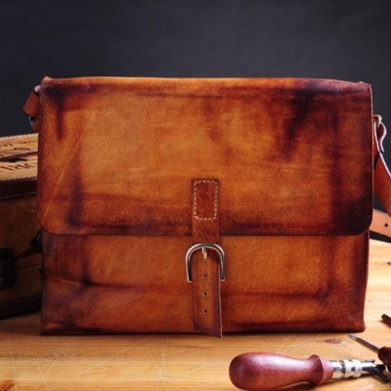 Handmade Vintage Brown Leather Mens Messenger Bag Shoulder Bag for Men