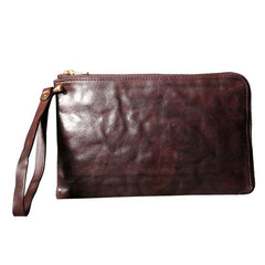 Handmade Genuine Leather Mens Clutch Cool Slim Wallet Zipper Clutch Wristlet Wallet for Men