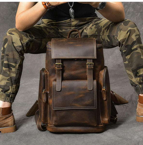 Brown Leather Mens 15" Laptop Backpack Travel Backpack Coffee College Backpack for Men - imessengerbags