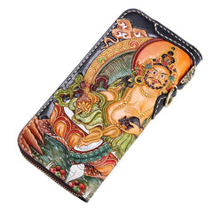 Handmade Leather Tooled Yellow Jambhala Mens Chain Biker Wallet Cool Leather Wallet Zipper Long Phone Wallets for Men