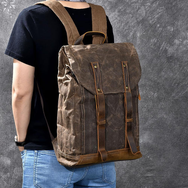 Waxed Canvas Leather Mens 15" Gray Computer Backpack Brown Travel Backpack College Backpack for Men - imessengerbags