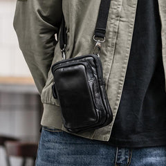 Black Leather Mens Mini Messenger Bag Belt Pouch Tan Side Bag Phone Bag Belt Bag For Men - imessengerbags