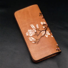 Handmade White Flowers Magnolia denudata Tooled Leather Womens Long Wallet Zipper Clutch For Women - imessengerbags