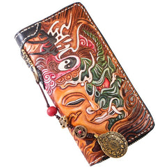 Handmade Leather Tooled Buddha Mens Chain Biker Wallet Cool Leather Wallet Long Phone Wallets for Men