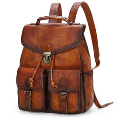 Casual Brown Mens Leather 13 inches School Backpack Satchel Backpack Brown Computer Backpack For Men