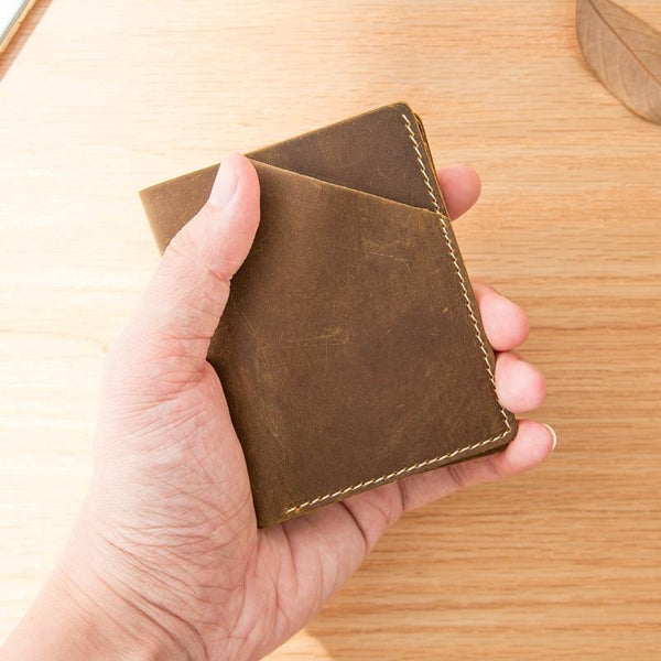 Brown Cool Leather Mens Small Wallets Front Pocket Wallet Vintage Thin Bifold billfold Wallet for Men - imessengerbags