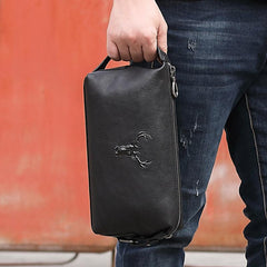 Black Leather Toiletry Bag for Men Cool Black Leather Men's Clutch Bag Leather Dopp Kit Bag