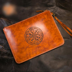 Handmade Leather Mens Clutch Cool Slim Wallet Zipper Clutch Wristlet Wallet for Men