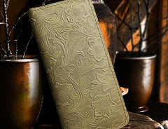 Handmade Leather Floral Mens Cool Travel Long Wallet Card Holder Card Slim Clutch Wallets for Men - imessengerbags