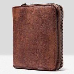 Genuine Leather Mens Cool Zipper Leather Wallet Men Small Wallets Bifold for Men - imessengerbags