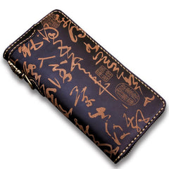 Handmade Leather Mens Chain Chinese Handwriting Biker Wallet Cool Leather Wallet Long Phone Wallets for Men - imessengerbags