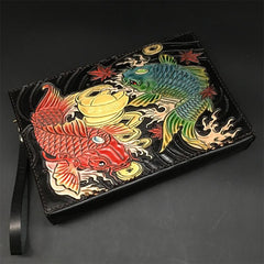 Black Handmade Tooled Leather Carp Chinese Dragon Clutch Wallet Wristlet Bag Clutch Purse For Men
