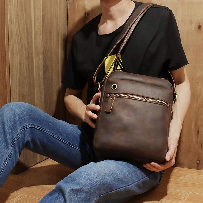 Casual Dark Coffee Leather Messenger Bag Men's 8 inches Side Bag