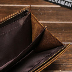 Cool Vintage Mens Brown Leather Brifold Long Wallet for Men Long Wallet