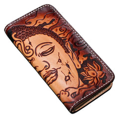 Handmade Leather Mens Clutch Wallet Cool Buddha&Demon Tooled Wallet Long Zipper Wallets for Men - imessengerbags