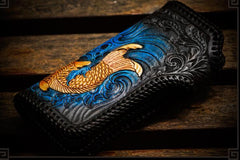 Handmade Leather Tooled Carp Mens Chain Biker Wallet Cool Leather Wallet Long Phone Wallets for Men - imessengerbags