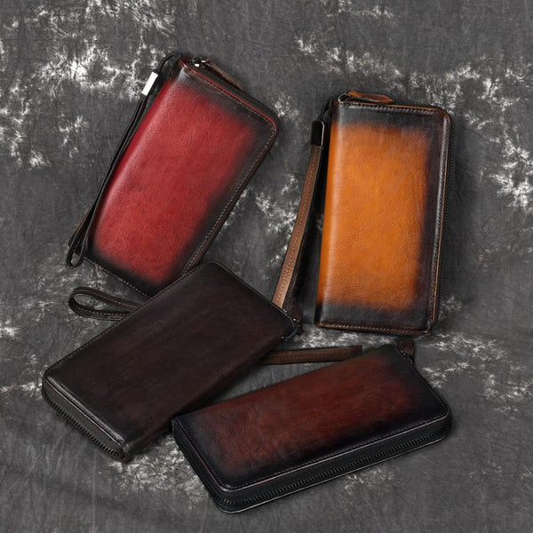 Handmade Leather Men's Zipper Long Wallet Clutch Wallet Wristlet Wallet For Men - imessengerbags