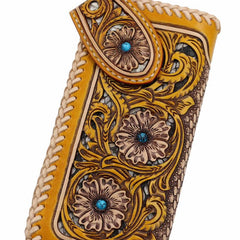 Handmade Mens Cool Tooled Floral Leather Chain Wallet Biker Trucker Wallet with Chain - imessengerbags