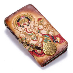 Handmade Leather Mens Clutch Wallet Cool Ganesha Tooled Wallet Long Zipper Wallets for Men - imessengerbags