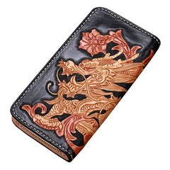 Handmade Leather Mens Clutch Wallet Cool Chinese Dragon Tooled Wallet Long Zipper Wallets for Men - imessengerbags
