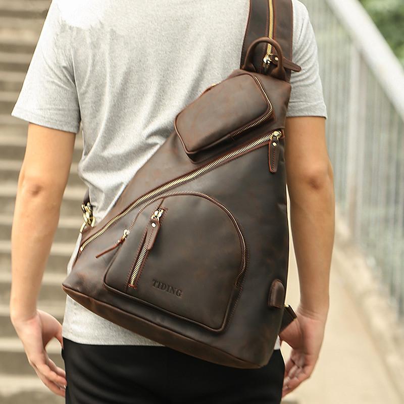 Men's Leather Sling Bag Chest Bag One Shoulder Bag Crossbody Bag Backpack  By Rustic Town (Dark Brown)