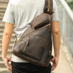Vintage Large Brown Leather Men's Sling Bag Chest Bag One Shoulder Backpack For Men - imessengerbags
