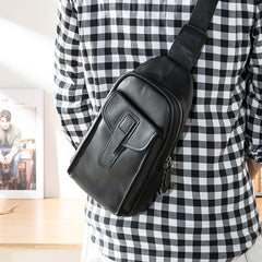 Cool Mens Black Leather 8 inches Chest Bag Sling Black One Shoulder Backpack Sling Backpack for men - imessengerbags
